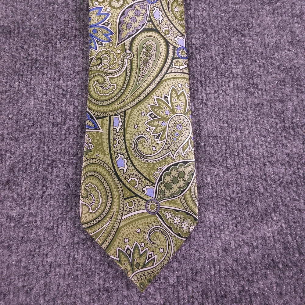Geoffrey Beene Luxury Tie‎ Green Blue Paisley Woven Silk Necktie
